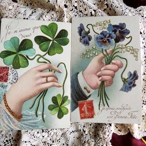 2 cartes postales anciennes langage des fleurs des années 1900 - français - éphémères - carte vintage souvenir d'amitie - impression chromo - mains - cartes victoriennes