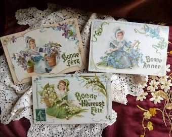3 Vintage French Floral Postcards, Embossed Chromolithography, 1900s