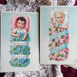 2 Antique postcards 1900s. Edwardian babies in flowers. Langage des Fleurs - scrapbooking - vintage postcards - pink and blue forget-me-nots