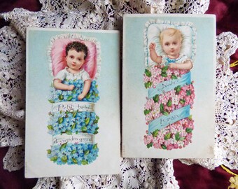 2 zabytkowe francuskie pocztówki – edwardiańskie dzieci, niezapominajki