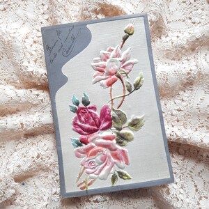 Antike französische Karte 1900s mit handbemalter Seidenrose - handkoloriert - französische Collage Karte - Scrapbooking - Ephemera - antike Karte