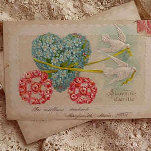4 cartões franceses antigos estilo vitoriano dos anos 1900 - scrapbooking - efêmera - cartão postal antigo - langage des fleurs - em relevo - feito de flores