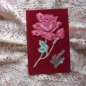 1 Seide Applikation - pinke Rose - embossed Satin - Vintage Collage Karte 1900 - Scrapbooking - Ephemera - antike französische Postkarten Hutmacher Zierleiste