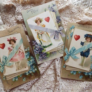 3 cartões franceses antigos dos anos 1900 - scrapbooking - efêmera - cartão postal antigo - langage des fleurs - em relevo - violetas e miosótis