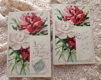 Antieke anjerkaarten met reliëf – Franse bloemenkaarten 1907