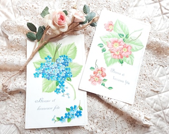 2 Vintage French Floral Postcards – Embossed Forget-Me-Not & Rose, 1900s
