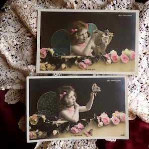 2 Antique French cards 1900s Edwardian fairies Les Papillons - antique card - scrap booking - ephemera - antique postcard - vintage postcard