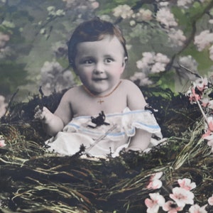 Cartolina antica anni 1900. Fatta a mano colorata - cartoline d'epoca - scrapbooking - effimere - oggetti da collezione - baby shower - nido per neonati vittoriano