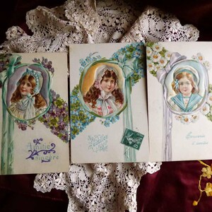 3 Antique postcards 1900s Victorian girls and flowers Langage des Fleurs Scrapbooking vintage postcards lot Forget-Me-Not, Violets, Daisies