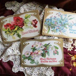 3 Antique Postcards Collection 1900s Language of Flowers Bouquets - scrapbooking - ephemera - antique postcards - Edwardian