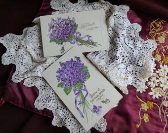 2 cartes postales françaises anciennes en relief – Violettes Art nouveau