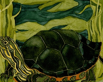 May include: A watercolor painting of a turtle with a black shell and orange and yellow stripes on its head and legs. The turtle is swimming in a pond with green lily pads.