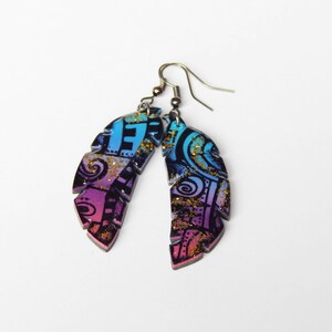 Colorful Dangle Earrings Long rainbow earrings Multicolor Polymer clay Earrings Chestnut Leaf Earrings Purple&Turquoise Earring image 3