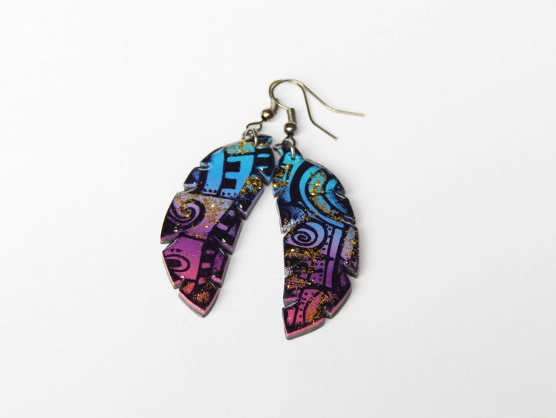 Colorful Dangle Earrings Long rainbow earrings Multicolor Polymer clay Earrings Chestnut Leaf Earrings Purple&Turquoise Earring image 3