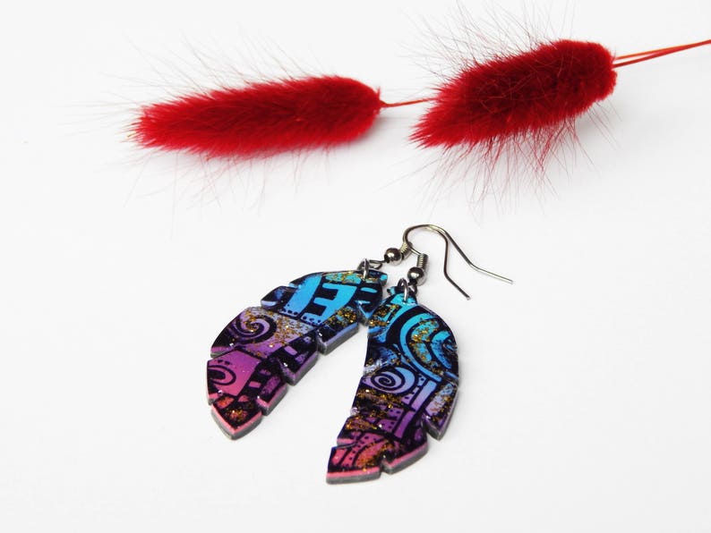 Colorful Dangle Earrings Long rainbow earrings Multicolor Polymer clay Earrings Chestnut Leaf Earrings Purple&Turquoise Earring image 1