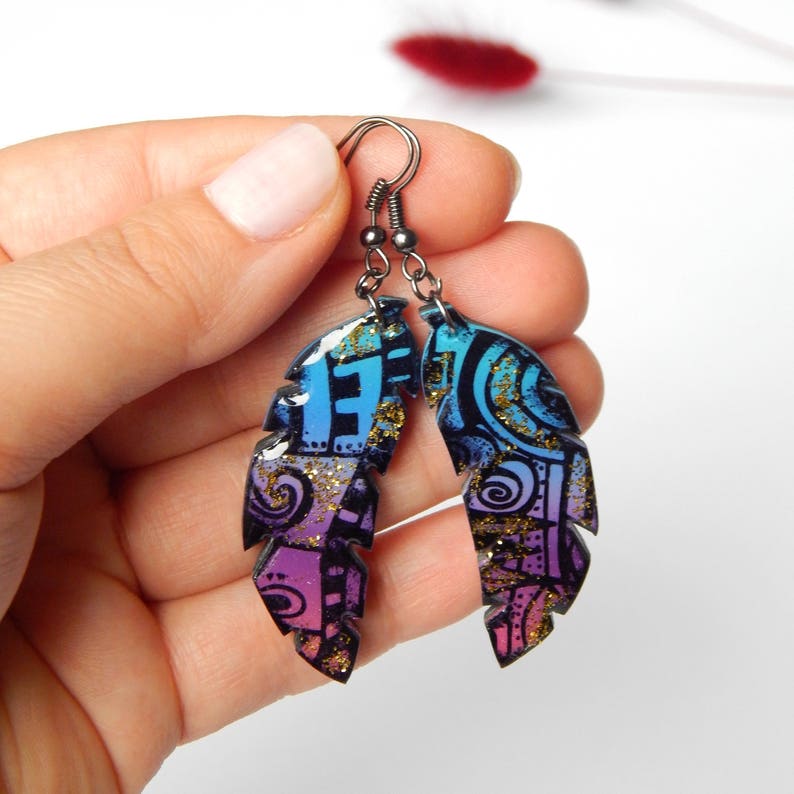 Colorful Dangle Earrings Long rainbow earrings Multicolor Polymer clay Earrings Chestnut Leaf Earrings Purple&Turquoise Earring image 2