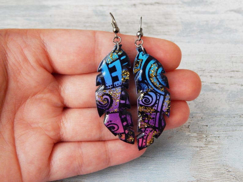 Colorful Dangle Earrings Long rainbow earrings Multicolor Polymer clay Earrings Chestnut Leaf Earrings Purple&Turquoise Earring image 6