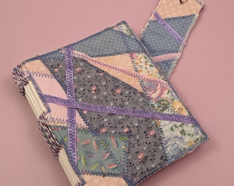 HANDBOUND NOTEBOOK with upcycled paper and a recycled scrap fabric patchwork cover this unique journal is a great eco gift for paper lovers