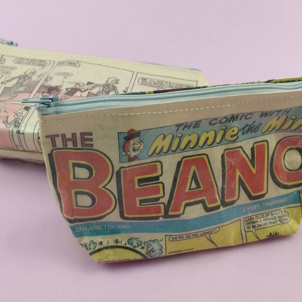 RECYCLED PAPER POUCH / upcycled pencil case / eco friendly zero waste gift / sewn zipped coin purse / beano comic book vintage paper pocket