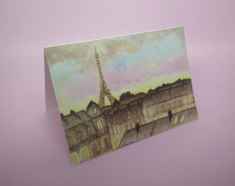 CARTE AQUARELLE PARIS / carte de voeux vierge / carte vide paris la nuit / carte paris tour eiffel lumières / cadeau de Paris illustration