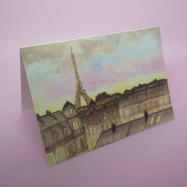 CARTE AQUARELLE PARIS / carte de voeux vierge / carte vide paris la nuit / carte paris tour eiffel lumières / cadeau de Paris illustration