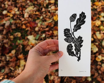 Feuilles de chêne - impression originale découpée en lino, art de la nature boisée