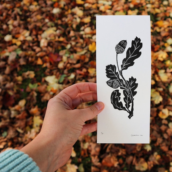 Oak leaves - original lino cut print, woodland nature art