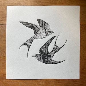 Swallows - black ink original lino cut print