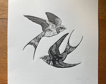 Swallows - black ink original lino cut print