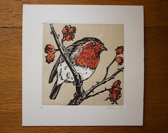 Robin - grabado original en linóleo multicolor
