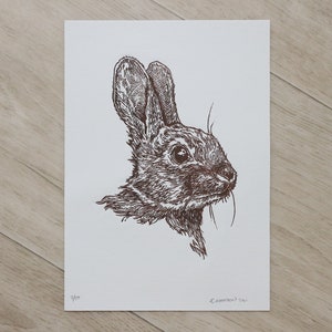 Brown Rabbit - Original Lino Cut Print - bunny art limited edition, rabbit art, original art, block print