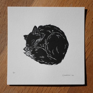 Sleeping Fox - original lino cut print, animal art, wildlife