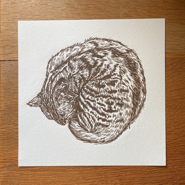 Sleeping Cat in Brown Ink  - Original Lino Cut Print
