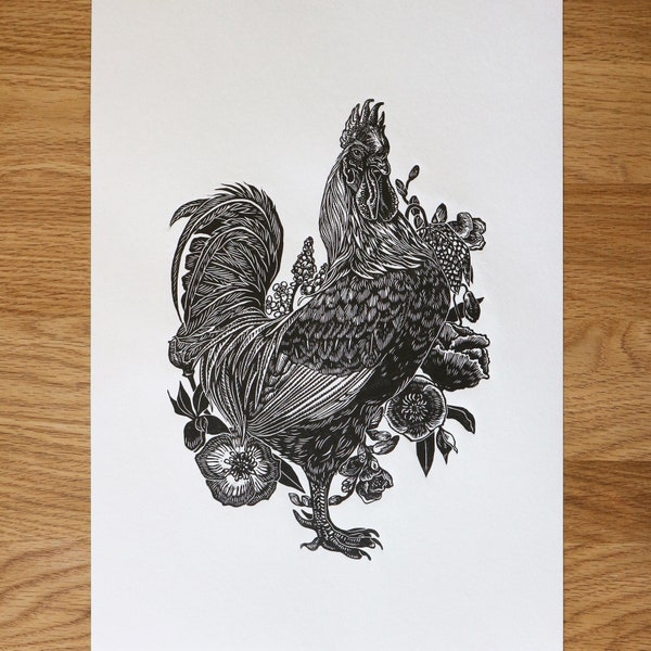 Rooster - original lino cut print. Handmade, hand carved, limited edition. Chicken art, cockerel, chicken gift.