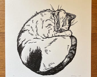 Sleepy cat - lino cut print