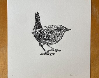 Wren - original lino cut print bird art