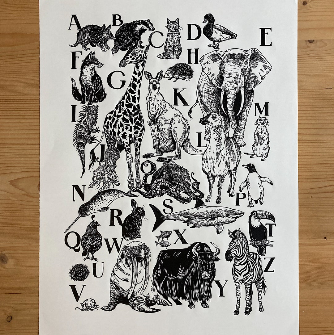 Print Az Animal Alphabet Lino Cut Print: A-Z Nursery Art - Etsy