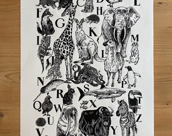 Alfabeto animal - impresión original en bloque de corte lino