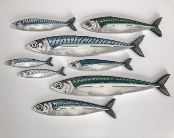 8 Mackerel Sculptures, Fish Wall Art, Fish Wall Decor, Marine Art, Fish Shoal, Marine Gift, Original Art