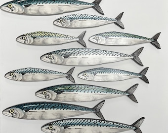 Hand-made Mackerel Fish Art, Contemporary Fish Sculptures 3D Wall Art Shoal, Interior Decor, 3D Fish
