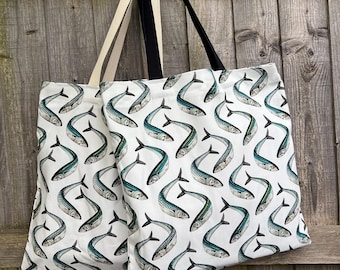 Mackerel Fish Cotton Tote Bag, Coastal Nautical Gift