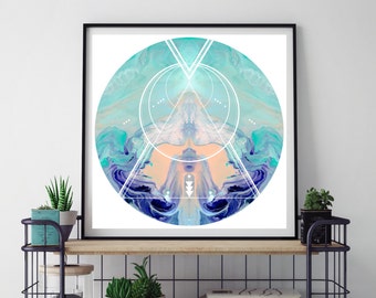 Geometric art print. Circle wall print. Hipster. Triangle. Boho. Marble. Abstract painting. Spiritual. Aqua Purple Peach Blue Turquoise