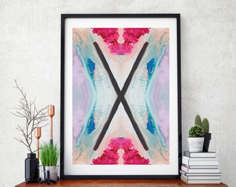 X wall print, Cross, Geometric art print, abstract print, pink & aqua pastel wall art, abstract wall decor, gift idea, modern wall art