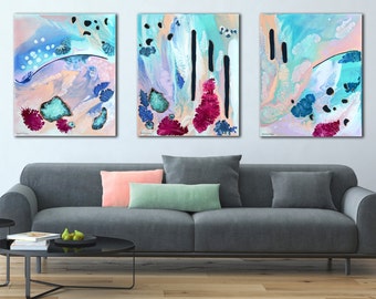Triptych, Abstract Painting Prints on Canvas, Set of 3, Trio of Prints, Ocean, Pastel Wall Art, Aqua Blue Pink Purple Peach. Ready to hang.