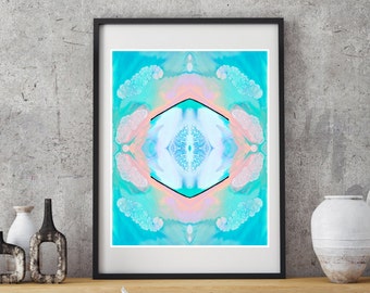 Abstract art print, geometric print, wall art print, mandala print, pastel wall art, boho art print, aqua wall art, aqua blue pink. hexagon