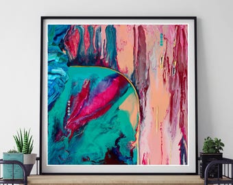 Square abstract painting print on canvas. Ready to hang. Fluid Art. Resin art print. Abstract wall art. Wall decor. Magenta turquoise pink.
