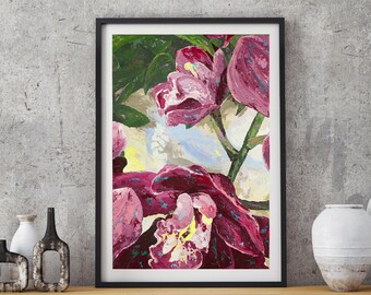 Flower painting print on stretched canvas or fine art paper. Pink, green and white orchids. Textured Floral art print. Orchid wall art.