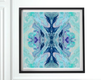 Large abstract wall print. Square wall art. Geometric art. Fractal art print. Blue, aqua, purple. Modern home decor. Boho wall print.