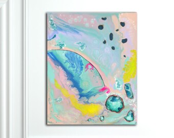 Abstract art print, stretched canvas print from original painting, modern, bright, turquoise, pink, blue, wall art, coastal, colourful