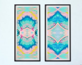 Set of two abstract wall art prints, mint wall art, aqua, blue, modern home decor, wall prints, hot pink, matching set of two giclee prints